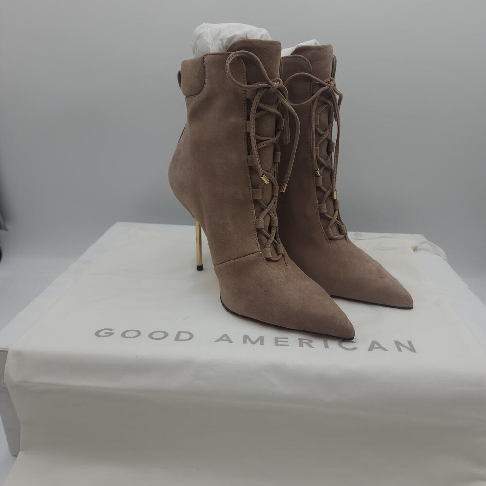 Good American Scandal Lace Up Stilleto Booties in Tan Brown Size 5.5